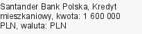 Kredyt mieszkaniowy, Santander Bank Polska, 1 600 000 zł, 30 lat, PLN, 32 369 zł