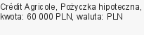 Pożyczka hipoteczna, Crédit Agricole, 60 000 zł, 5 lat, PLN, 3 120 zł