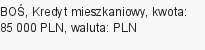 Kredyt mieszkaniowy, BOŚ, 85 000 zł, 15 lat, PLN, 2 420 zł