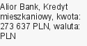 Kredyt mieszkaniowy, Alior Bank, 273 637 zł, 25 lat, PLN, 14 381,85 zł