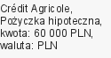 Pożyczka hipoteczna, Crédit Agricole, 60 000 zł, 5 lat, PLN, 3 120 zł